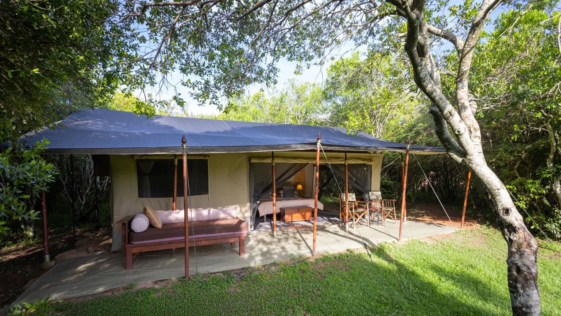 Spacious luxury safari tent with veranda, seating and bed, surrounded by trees and greenery at Encounter Mara Camp.